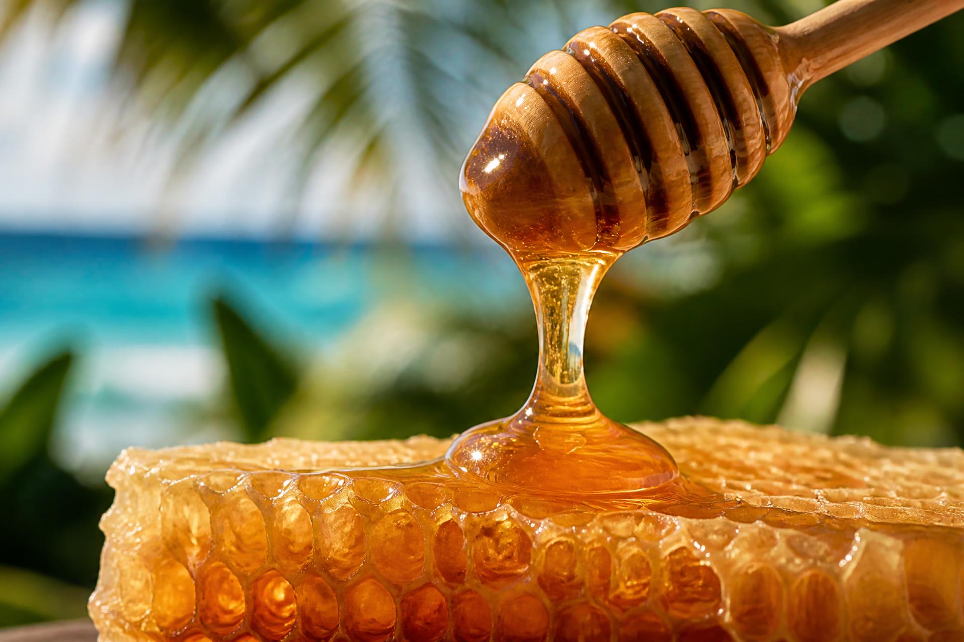 Raw honey drizzling from a dipper onto fresh honeycomb